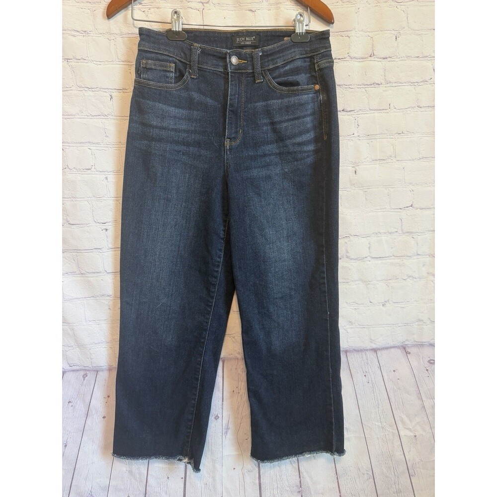 Judy Blue Jeans Womens 7/28 Blue Wide Leg High Rise Raw Fringe Hem Stretch Denim